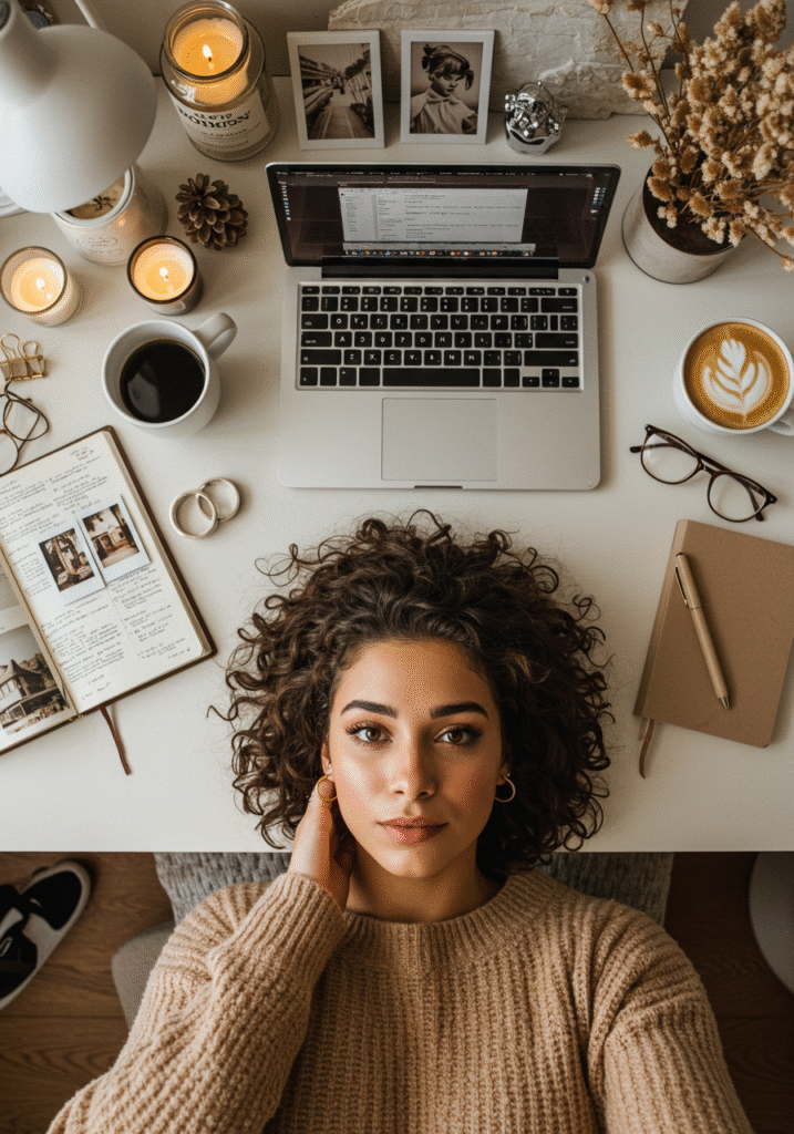 Woman lying under a cozy, aesthetic workspace with candles, a laptop, coffee, and journals arranged above her, gazing calmly at the camera.
