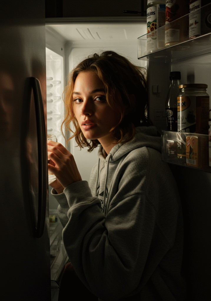 Woman in a gray hoodie lit by the open fridge, looking softly at the camera while holding a drink, surrounded by jars and bottles in the dim kitchen.