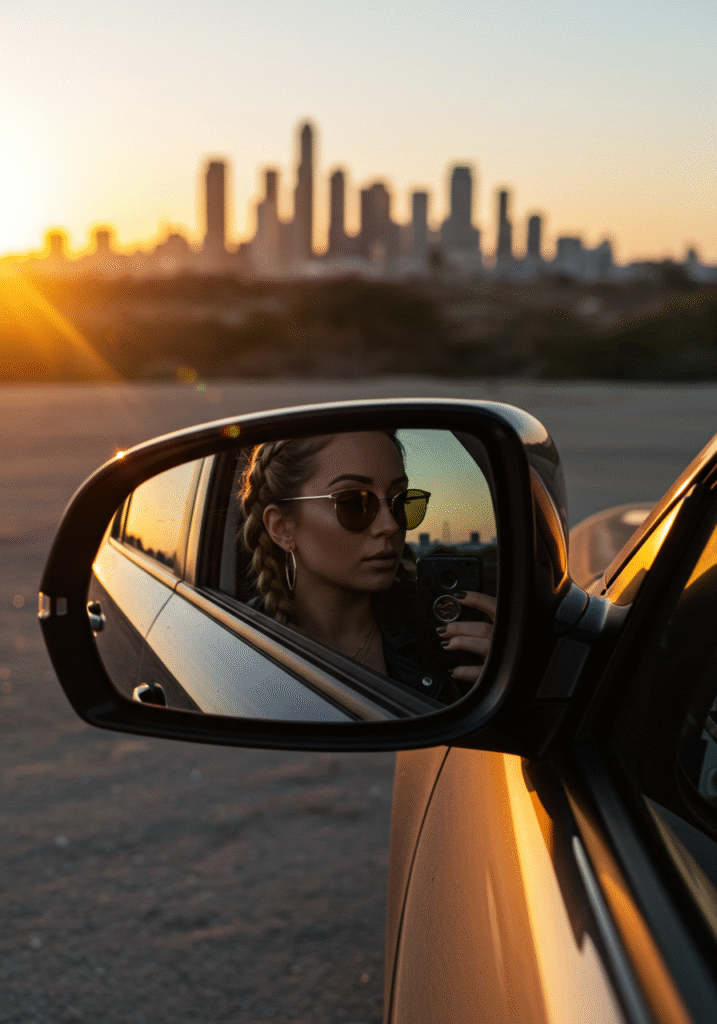Woman taking a selfie in a car side mirror during golden hour, wearing sunglasses and hoop earrings, with a blurred city skyline and warm sunset in the background.