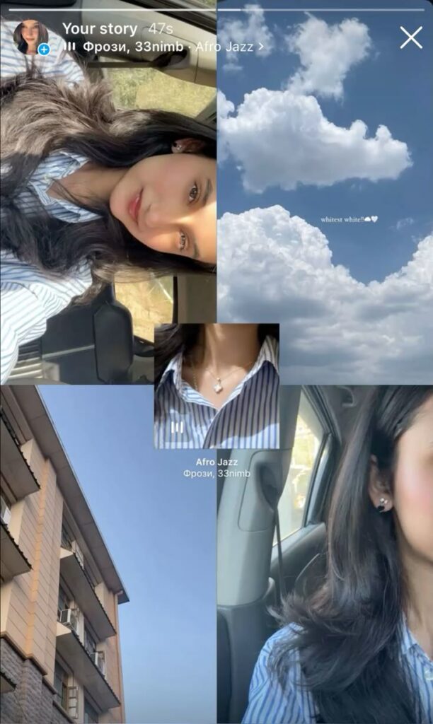 A collage-style Instagram Story layout featuring five aesthetic photos — close-up portraits, a building, blue skies, and clouds — arranged in a loose grid with soft, natural lighting and cohesive tones.