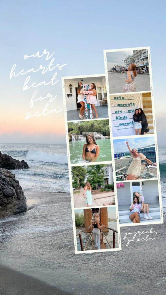 An aesthetic Instagram Story layout featuring a vertical strip of eight lifestyle and friendship photos over a beach background, decorated with handwritten text and film-style borders to evoke a sorority or summer diary vibe.