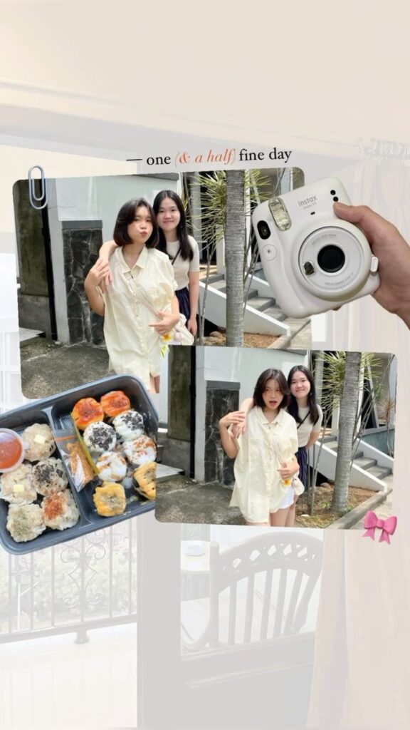 A light-toned Instagram Story layout with floating casual photos of two girls, food, and an Instax camera, arranged over a soft beige background with scrapbook-style clipart and a whimsical serif title.