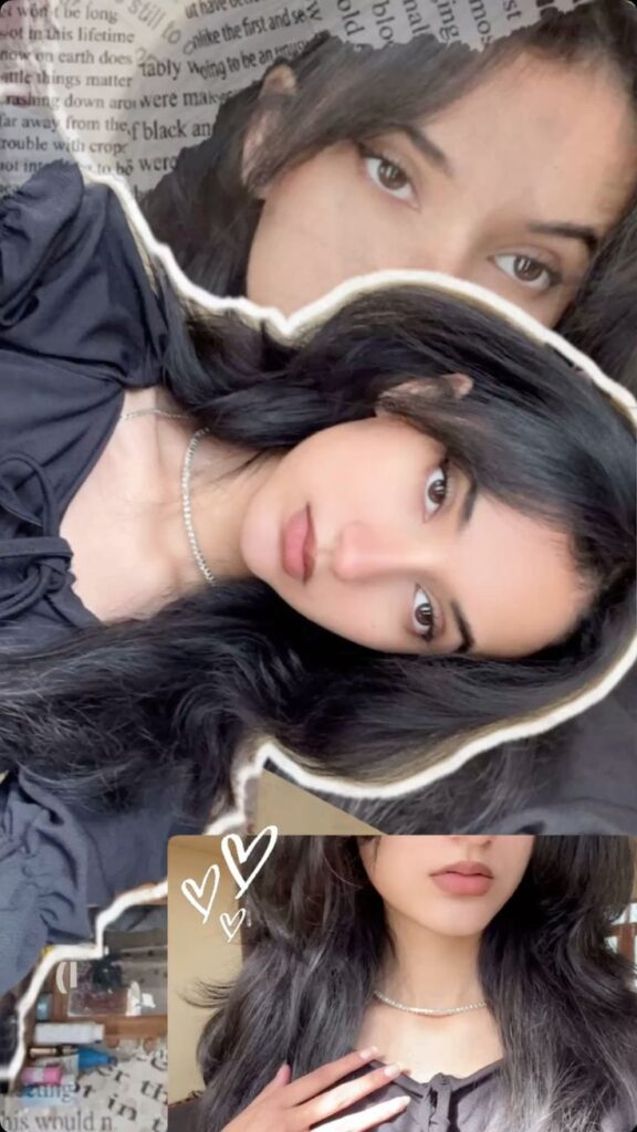 A stylized Instagram Story layout featuring layered torn-paper portraits of a woman with long dark hair, a black outfit, and soft makeup, with white hand-drawn hearts and background text for a scrapbook-inspired, editorial aesthetic.