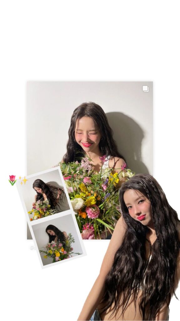 A light, airy Instagram Story layout featuring a main photo of a woman holding a colorful flower bouquet, layered with two smaller polaroid-style frames and a cut-out portrait over a clean white background with soft doodle accents.