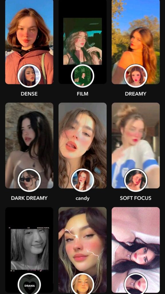 A grid-style Instagram Story layout featuring nine filter variations labeled “DENSE,” “FILM,” “DREAMY,” and others, each with a main edited portrait and a circular inset previewing the original photo, set on a black background for a polished filter moodboard effect.