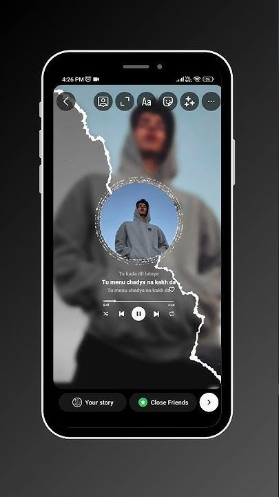 A moody Instagram Story layout featuring a blurred background photo of a person in a hoodie, with a torn-paper frame revealing a centered circular image, music playback icons, and song lyrics for an emotional, cinematic effect.