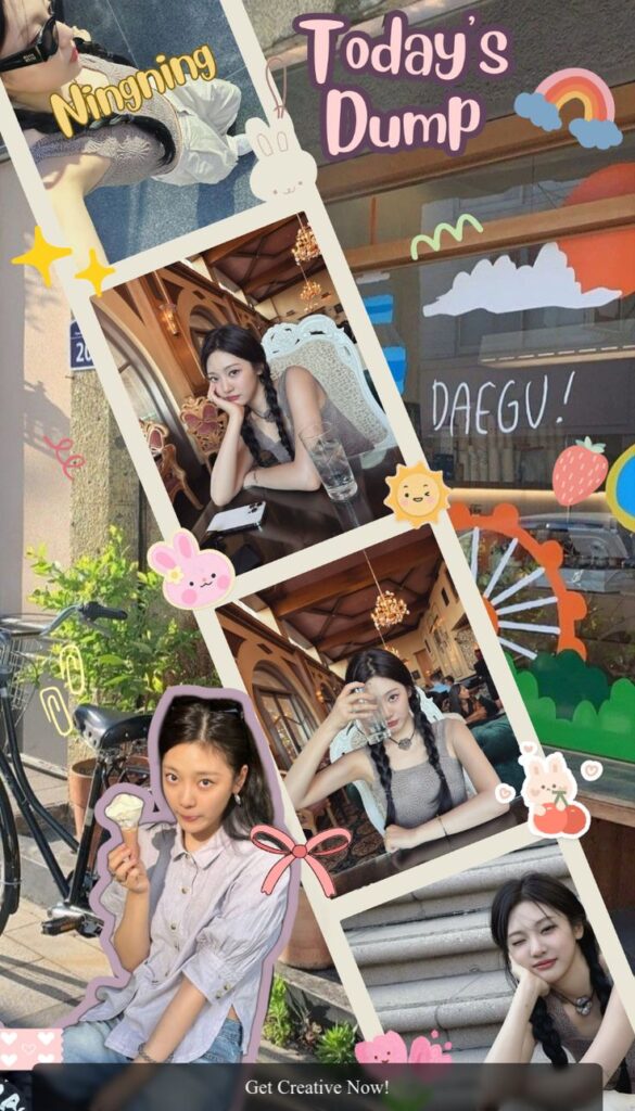 A vibrant Instagram Story collage featuring diagonally stacked photos of a young woman in different scenes, decorated with playful pastel stickers, doodles, and bold text reading “Today’s Dump” for a scrapbook-inspired aesthetic.