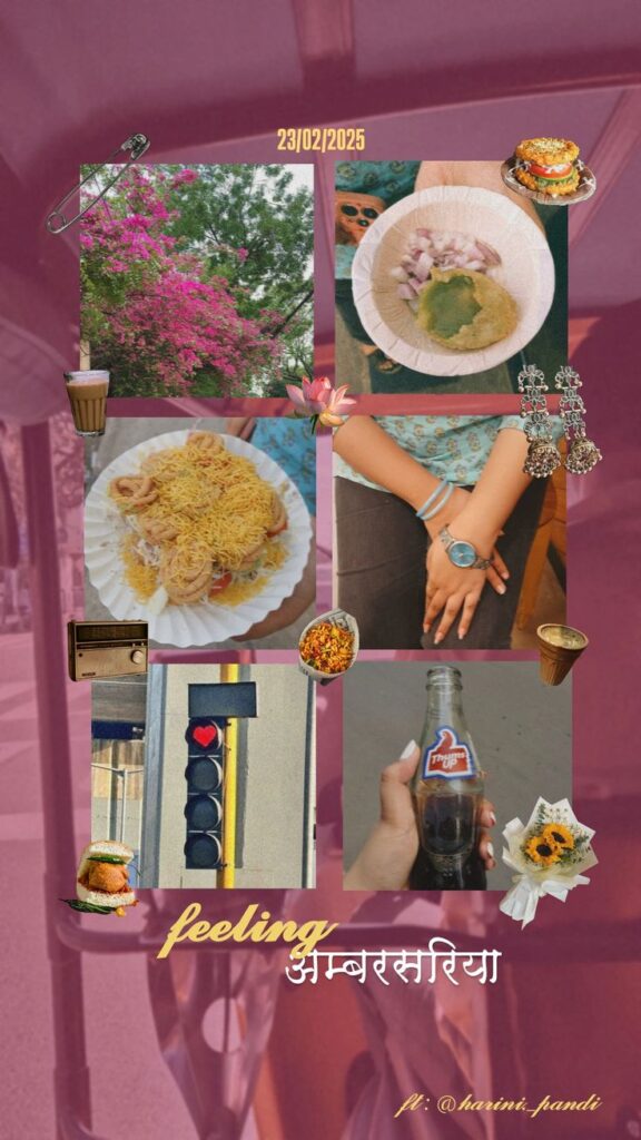 A nostalgic Instagram Story collage with nine square-style photos showing Indian street food, hands, flowers, a bottle of Thums Up, and a heart-shaped traffic light, layered with vintage-style filters and decorated with icons and Hindi text.