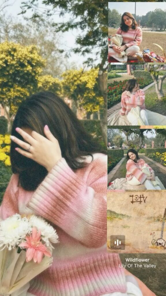 A gentle, pastel-toned Instagram Story layout featuring one large central photo of a woman holding flowers, paired with four smaller vertical images on the right, all set in a garden and overlaid with a soft song tag for a dreamy, romantic effect.