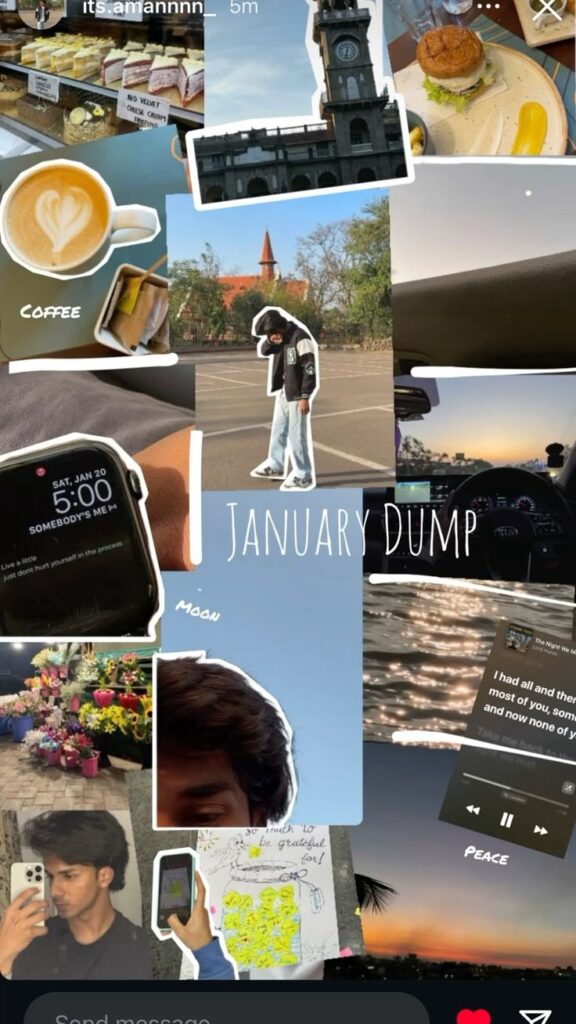 A collage-style Instagram Story layout titled “January Dump,” featuring multiple clipped photos of coffee, street scenes, a burger, sunset drives, quotes, and music overlays, arranged with sketch-style white outlines and handwritten labels for a casual, journal-like effect.