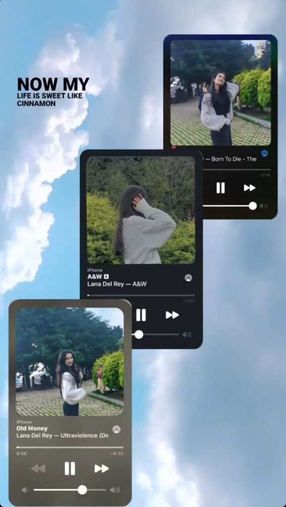 A serene Instagram Story layout featuring three vertically stacked music-player style cards over a blue sky background, with photos of a girl in a cozy sweater and Lana Del Rey song overlays, creating a playlist-themed visual moodboard.