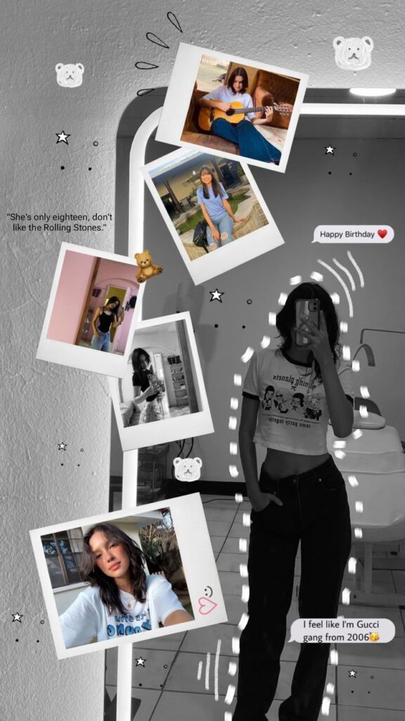 A dynamic Instagram Story layout with a black-and-white mirror selfie in the center, surrounded by tilted polaroid-style color photos, speech bubbles, and doodles, creating a scrapbook-style birthday or memory montage.